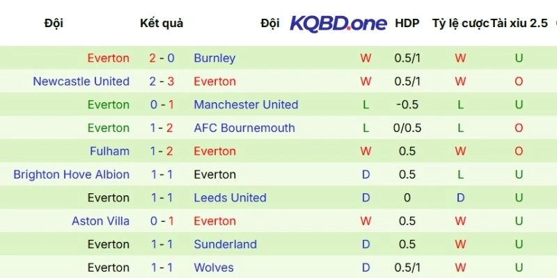 Hiệu quả ra sân thời gian qua của Everton